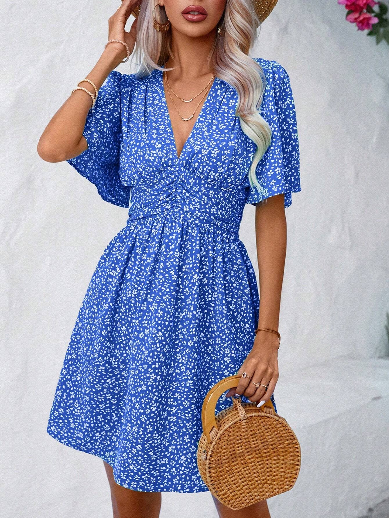Rose Red Floral V Neck Empire Waist Short Sleeve Midi Dress