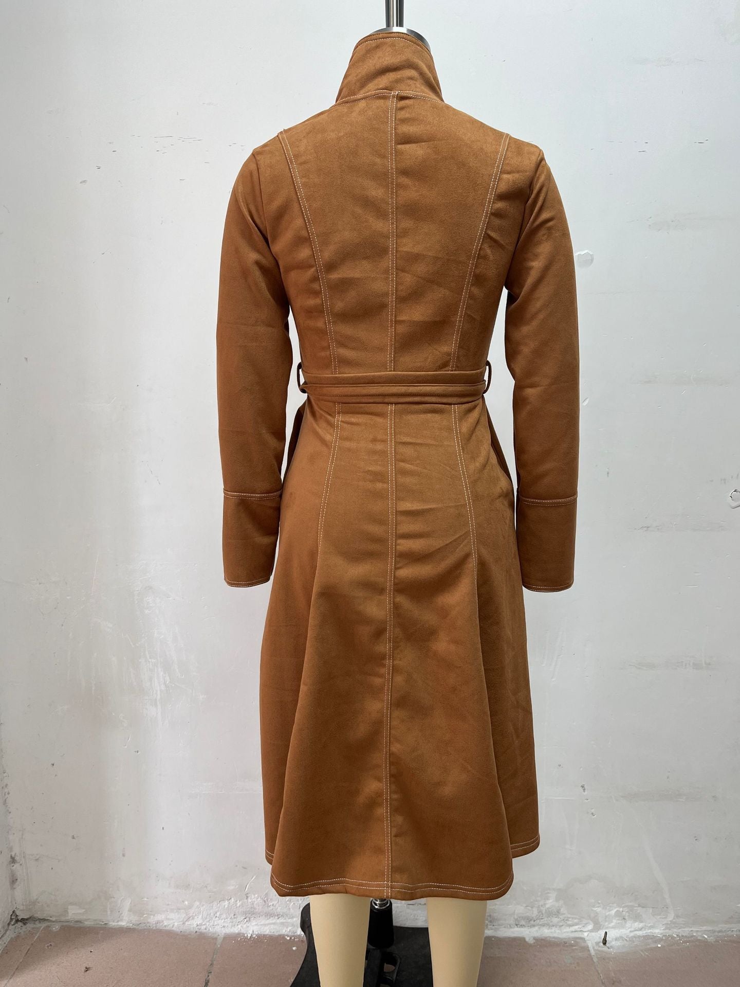 Vintage Faux Suede Long Sleeve Belted Zip Front Maxi Dress