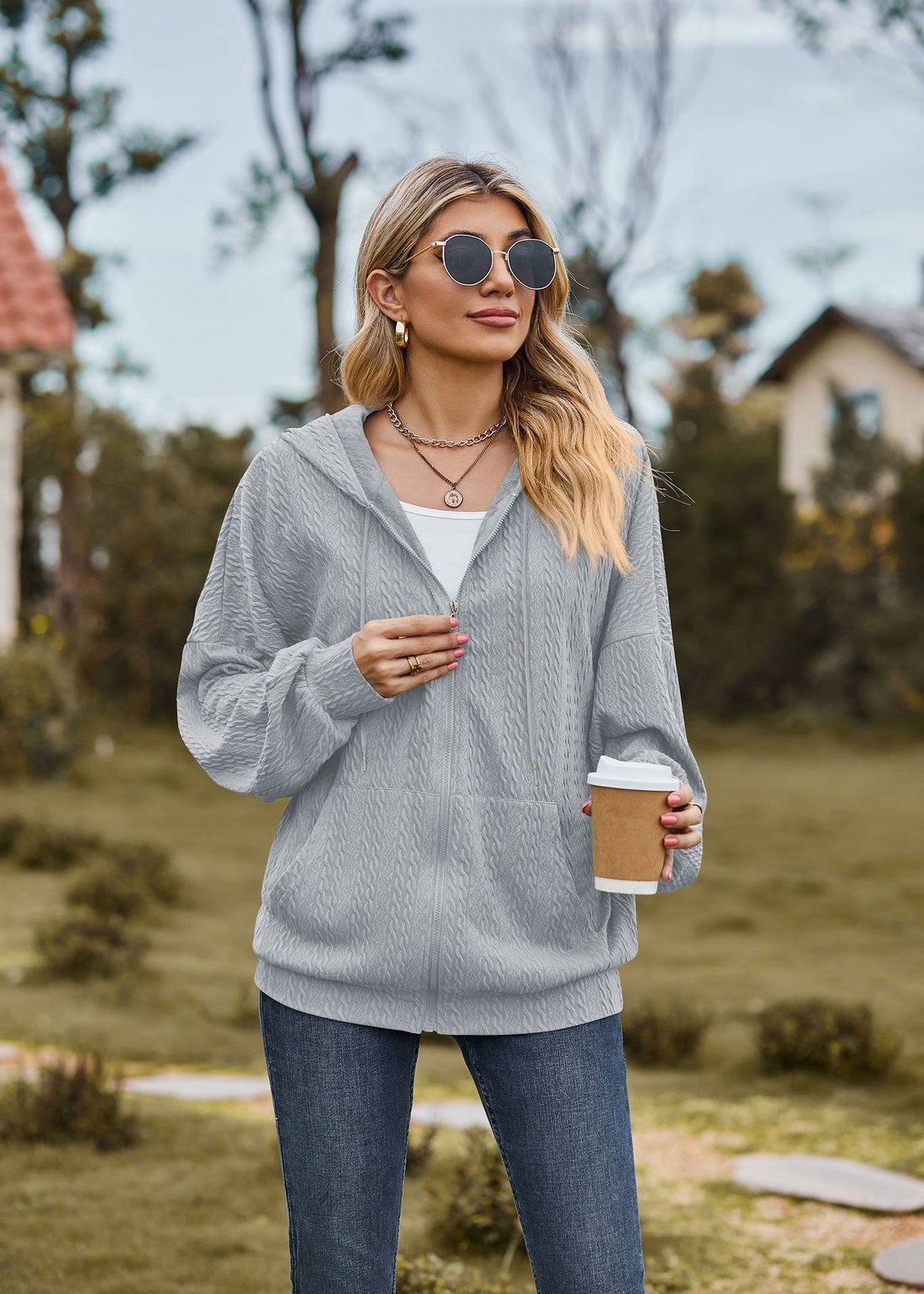 Oversized Textured Zip-Up Hoodie Jacket Pockets