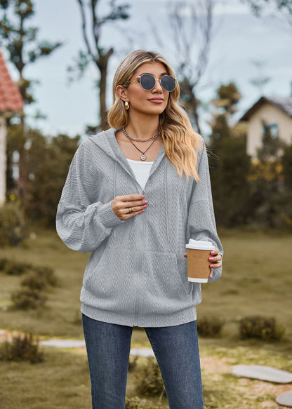 Oversized Textured Zip-Up Hoodie Jacket Pockets