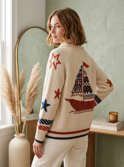 Nautical Sailboat Oversized Knit Cardigan Sweater