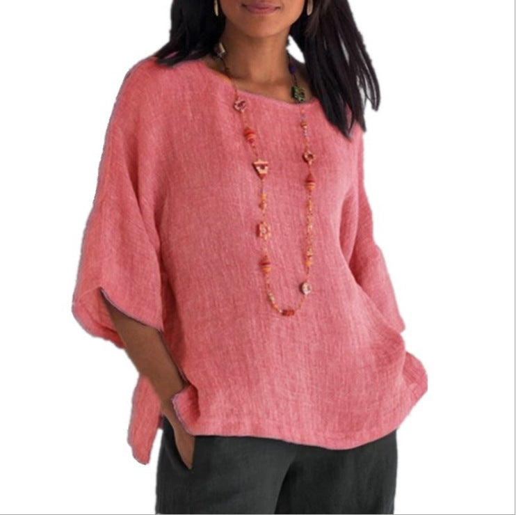 Women Cotton Linen 3/4 Sleeve Round Neck Plus Size Blouse
