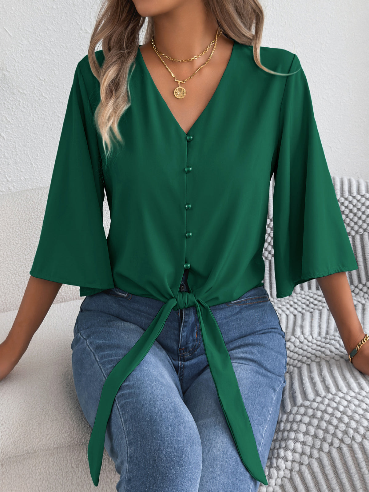 Women's V Neck Button Down Tie Front 3/4 Sleeve Blouse