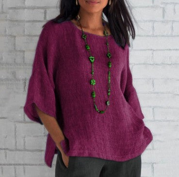 Women Cotton Linen 3/4 Sleeve Round Neck Plus Size Blouse