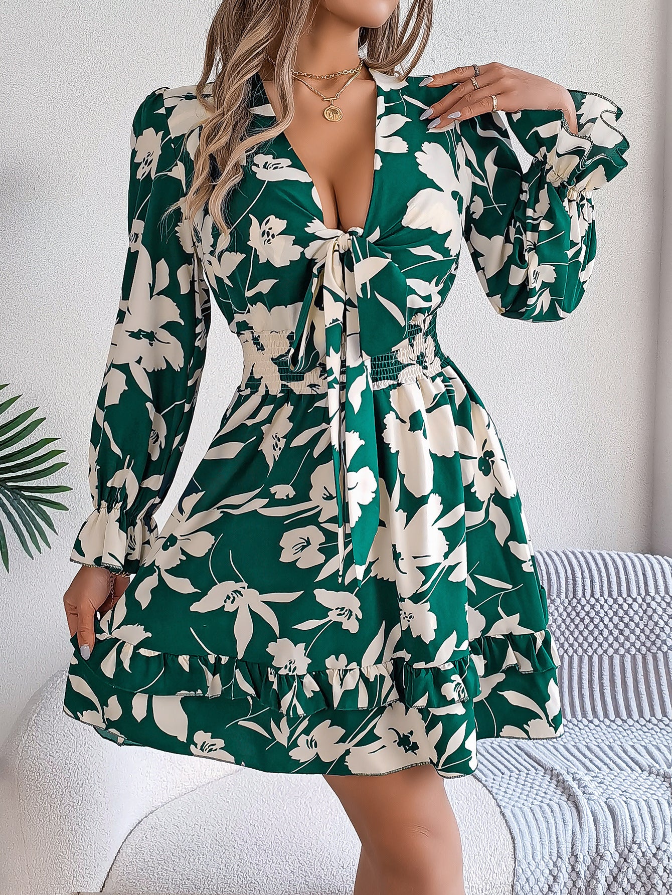 Floral V Neck Long Sleeve Ruffle Mini Dress