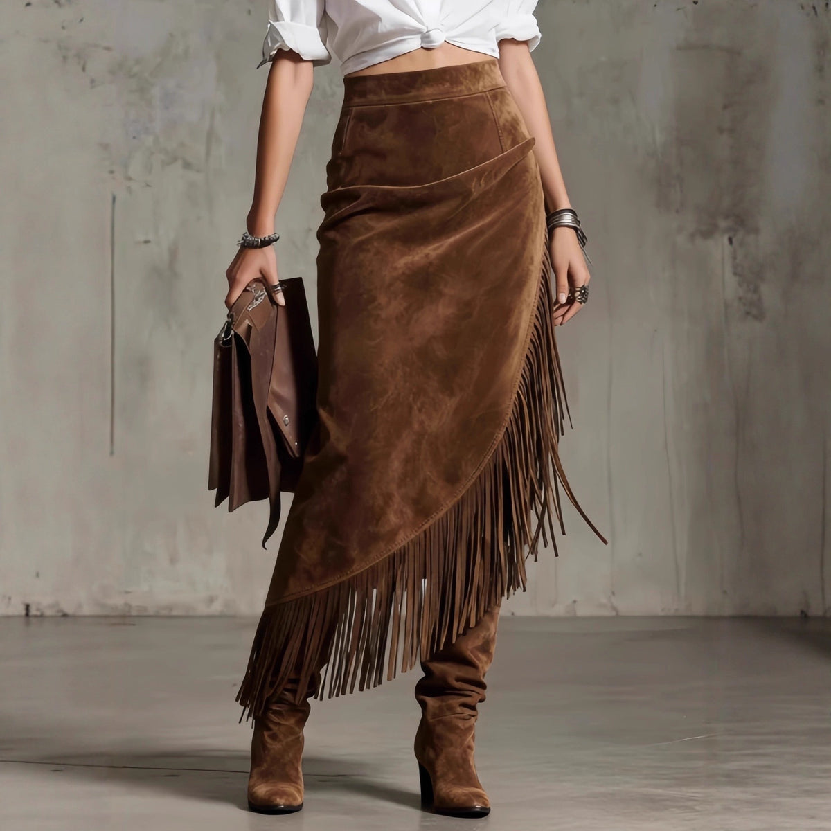 Women's Western Suede Fringe Asymmetrical Midi Skirt