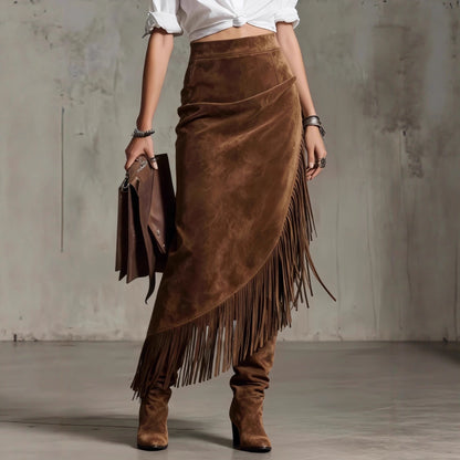 Women's Western Suede Fringe Asymmetrical Midi Skirt