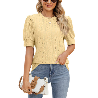 Sweet Puff Sleeve Shirt with Embroidered Cutouts