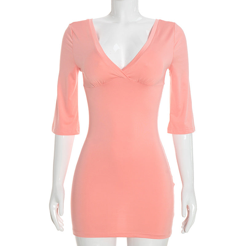 Sexy V Neck Backless Bodycon Mini Dress 3/4 Sleeve