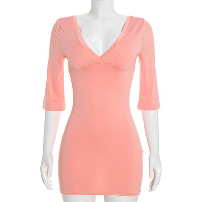 Sexy V Neck Backless Bodycon Mini Dress 3/4 Sleeve