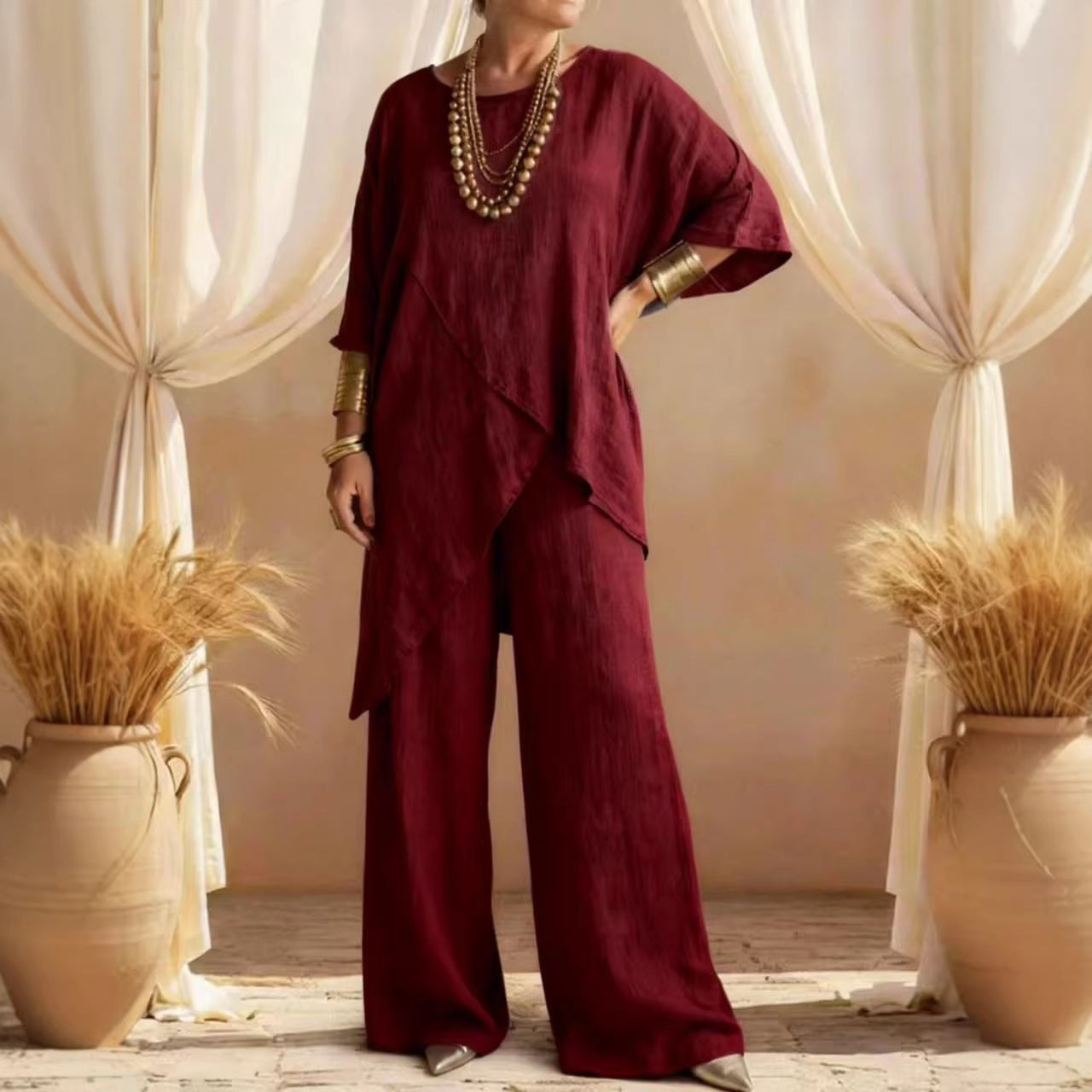 Women's Linen 2PC Set Asymmetric Hem Wide Leg Pants