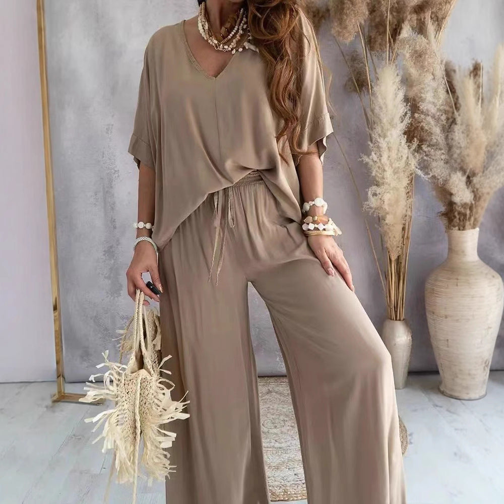Women's V-Neck Batwing Wide Leg Pants 2-Piece Set