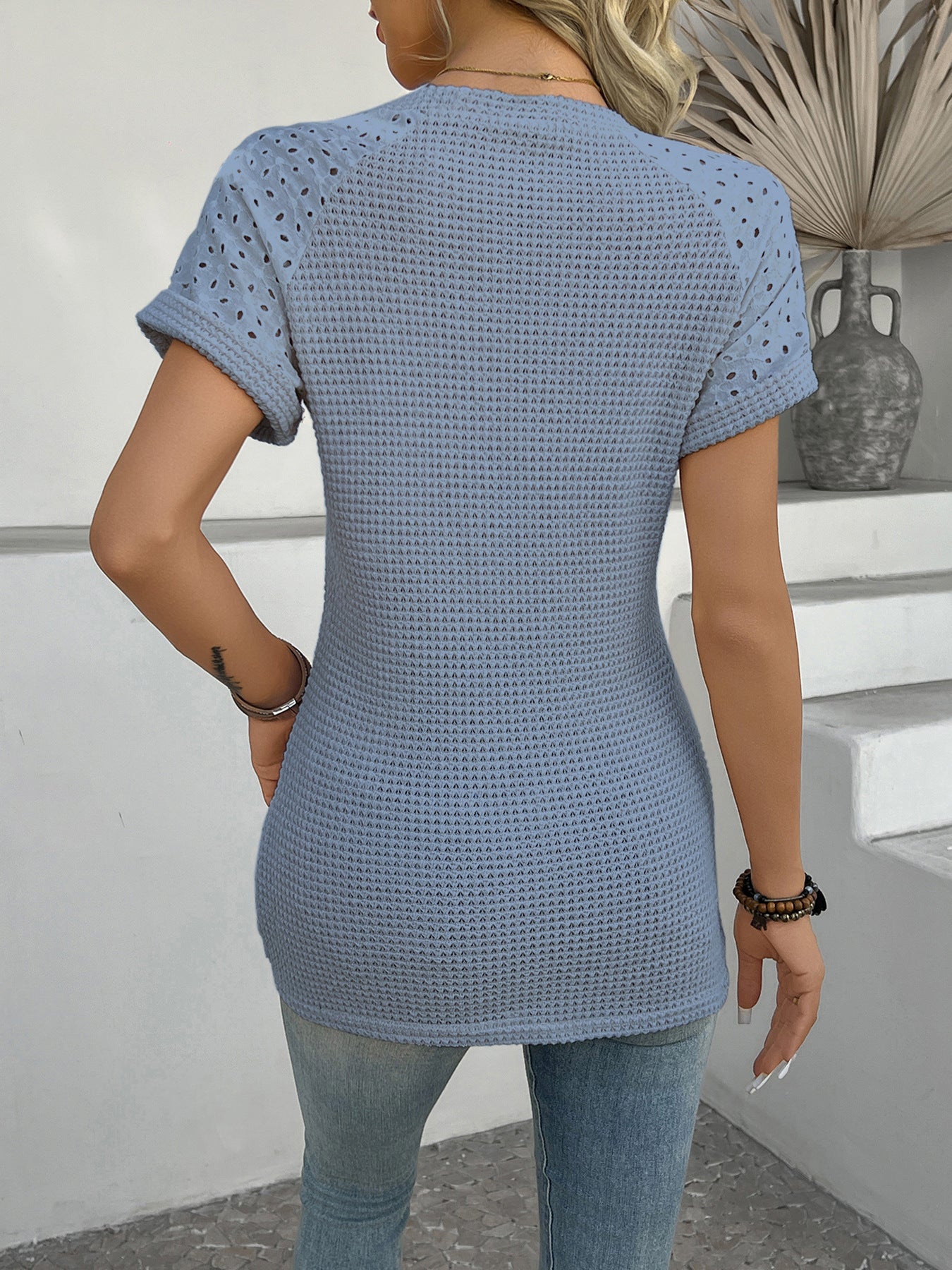 Eyelet Knit Crewneck Short Sleeve Casual T Shirt Top