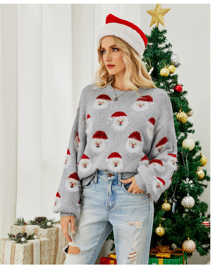 Santa Claus Pattern Knit Christmas Sweater Pullover for Women