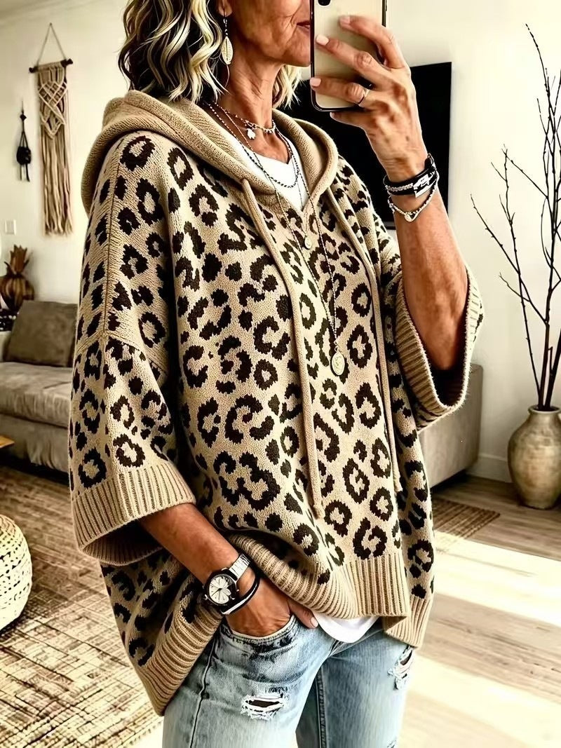 Women's Leopard Print Oversized Hooded Knit Sweater