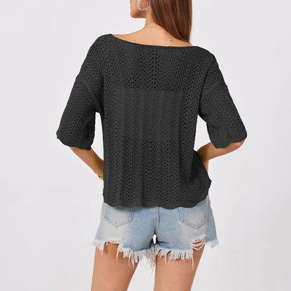 Crochet Knit Sweater Top Loose Hollow Out Short Sleeve Pullover