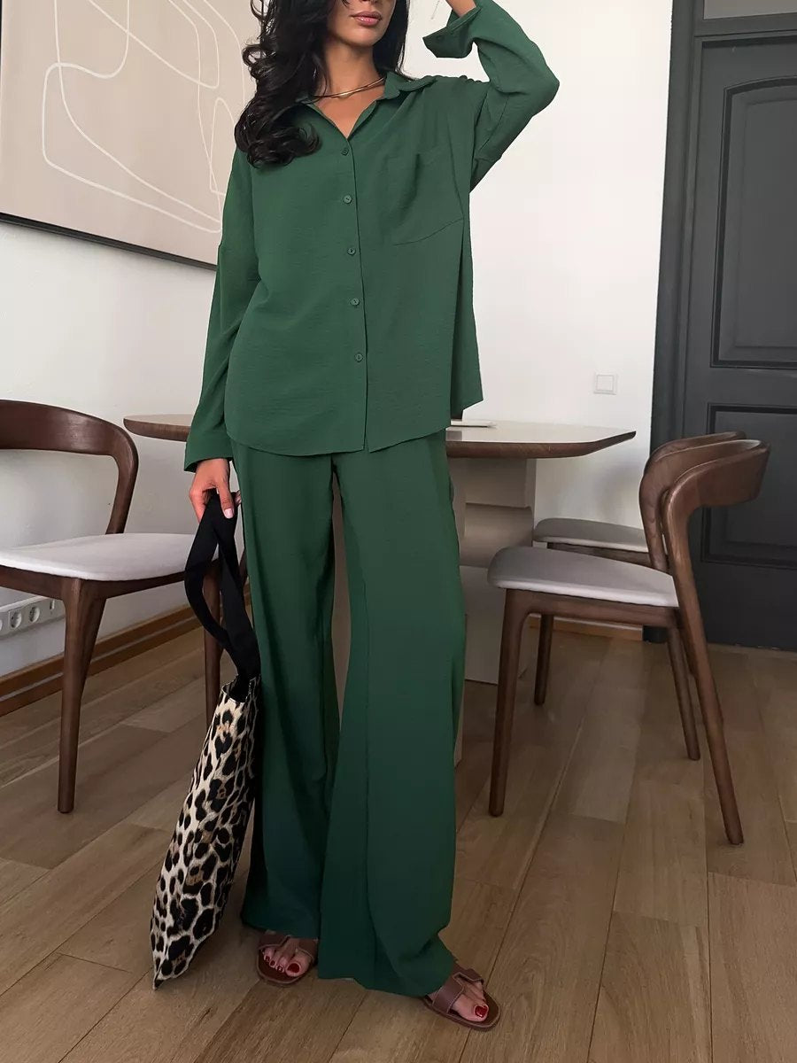 Two Piece Shirt Pants Set Wide Leg Casual Outfit