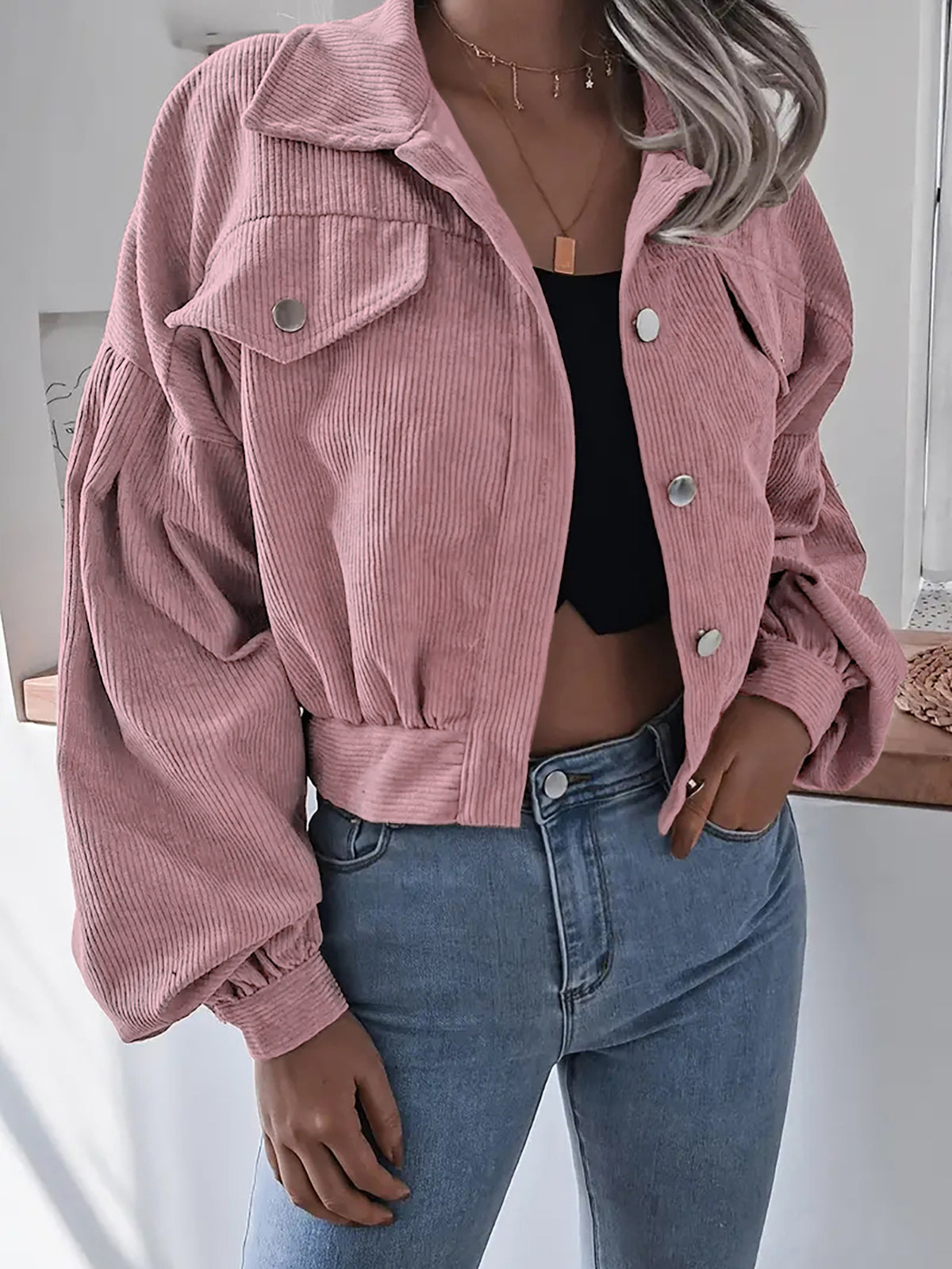 Womens Corduroy Cropped Jacket Balloon Sleeve Oversized