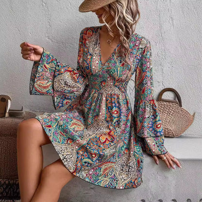 Women's Floral Print V-Neck Flared Sleeve Dress