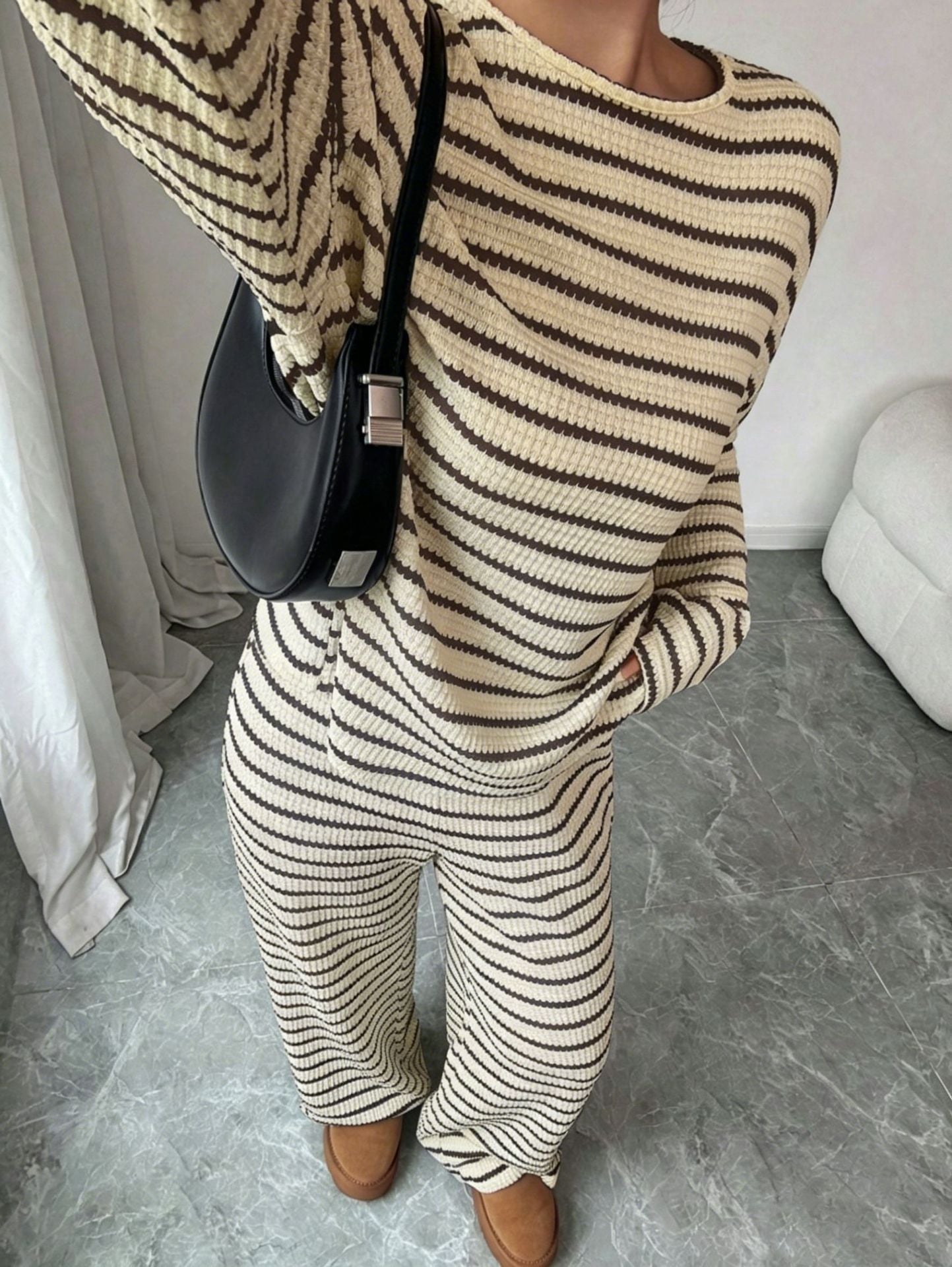 Stripe Knit Lounge Set Crew Neck Top and Wide Leg Pants