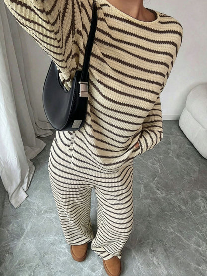 Stripe Knit Lounge Set Crew Neck Top and Wide Leg Pants