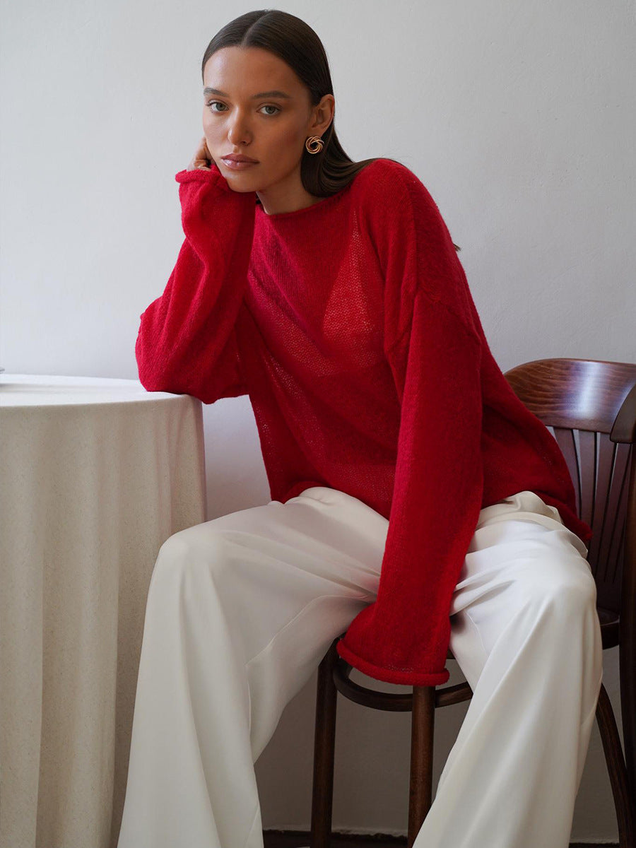 Sheer Knit Pullover Sweater Long Sleeve Loose Fit Top