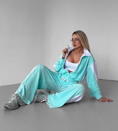Velvet Tracksuit Color Block Zip Jacket Pants Set
