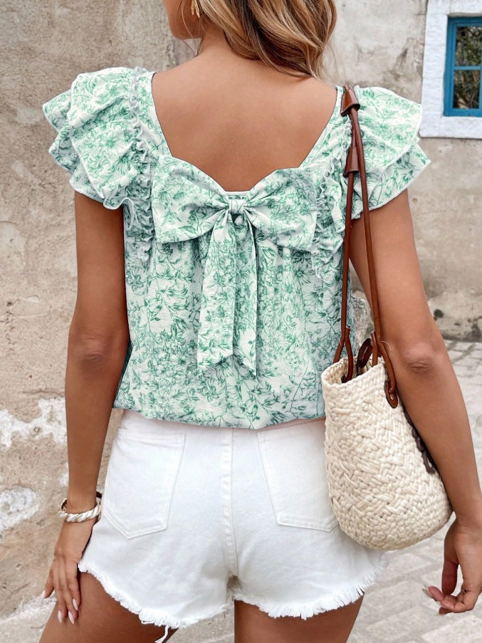 Floral Print Flutter Sleeve Blouse Square Neck Summer Top