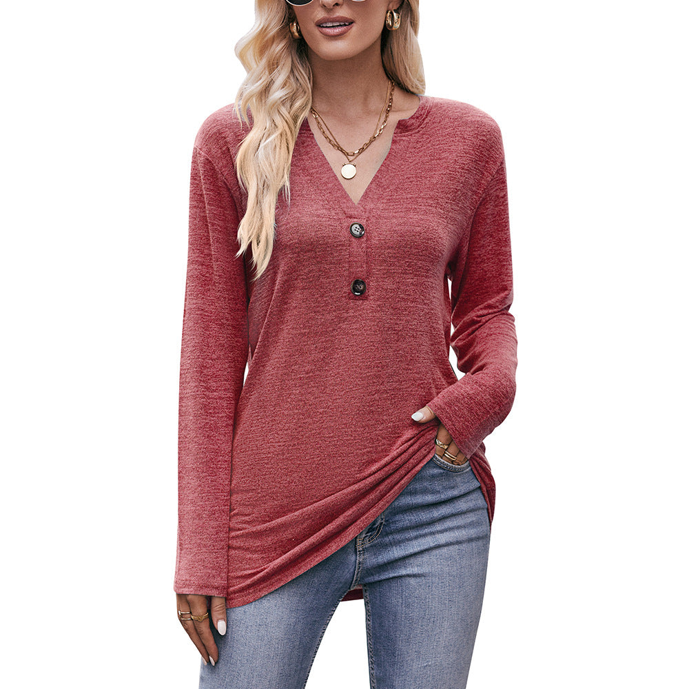 Polished Long Sleeve T-Shirt with V-Neck and Button Details