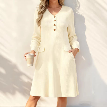 Ribbed V Neck Button Long Sleeve Midi Knit Dress Pockets