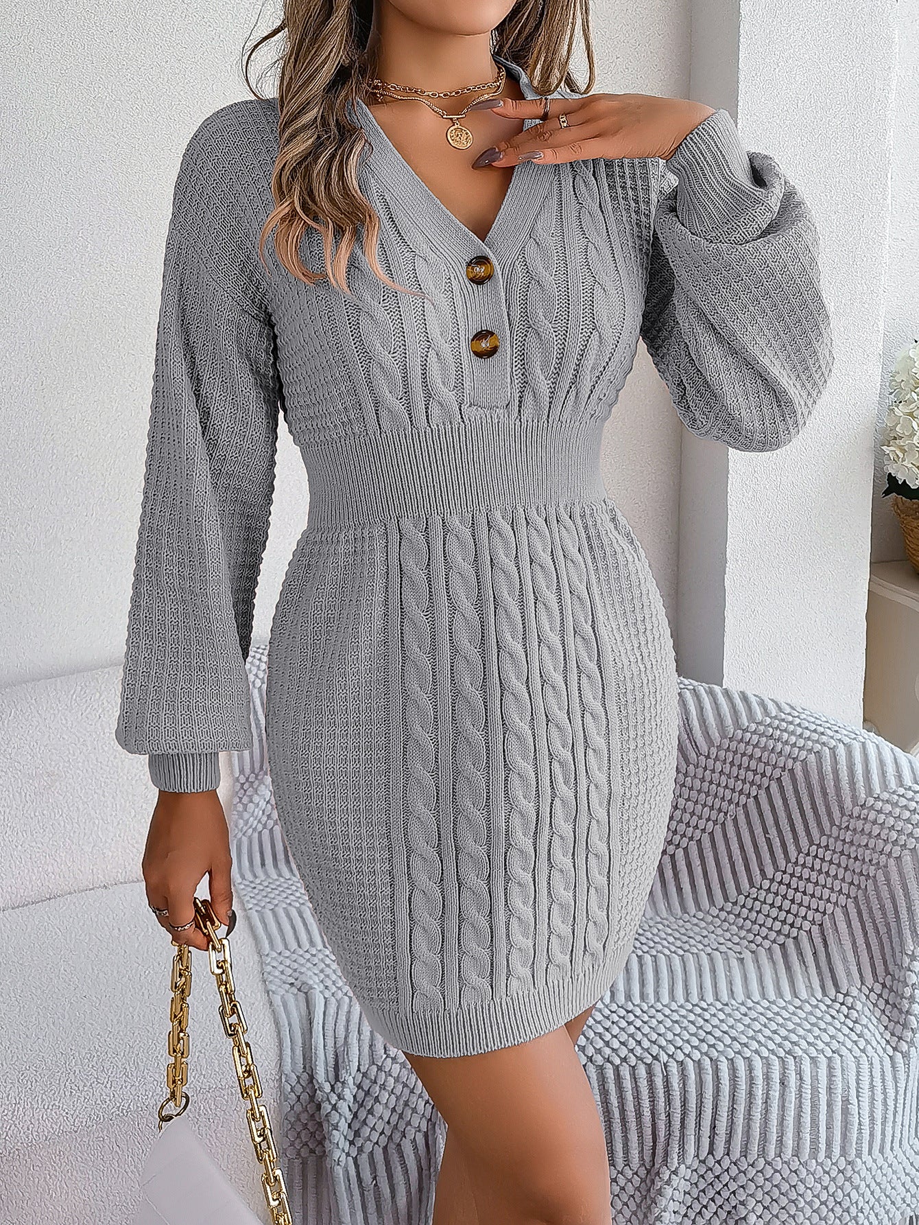 Button V Neck Sweater Dress | Cable Knit Bodycon Outfit