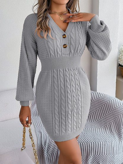 Button V Neck Sweater Dress | Cable Knit Bodycon Outfit