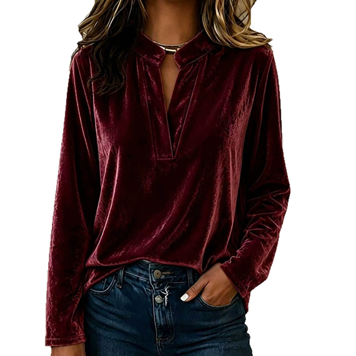 Women's Velvet V-Neck Long Sleeve Casual Blouse Top