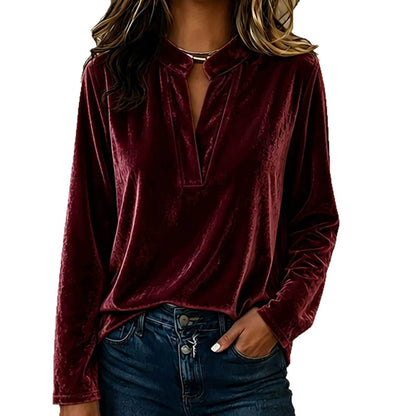 Women's Velvet V-Neck Long Sleeve Casual Blouse Top