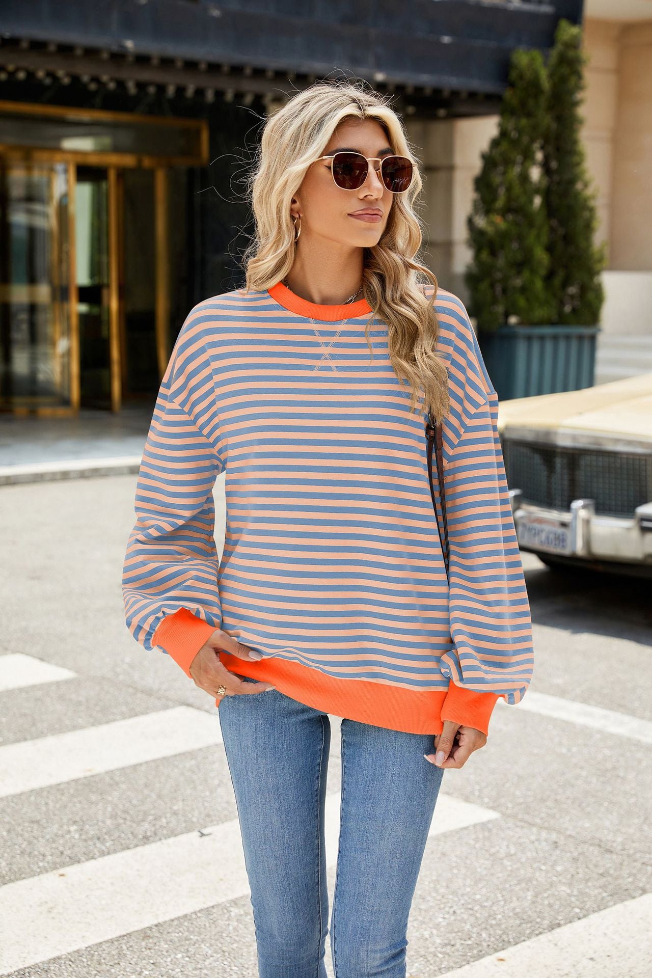 Striped Color Block Crew Neck Loose Fit Long Sleeve Sweatshirt