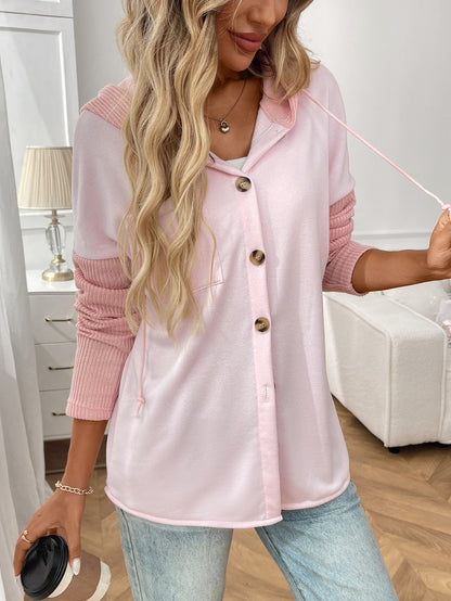 2025 Fall/Winter Colorblock Knit Sleeve Hoodie – Casual Button Down Top