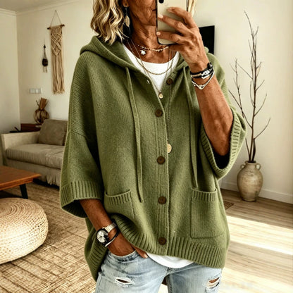 Women's Hooded Knit Cardigan Button Front Batwing Sleeve