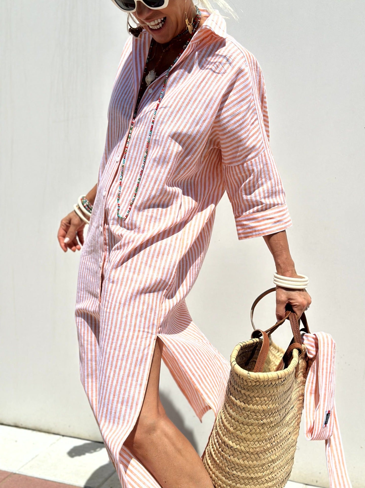 Women's Striped 3/4 Sleeve Button Front Shirt Dress Midi