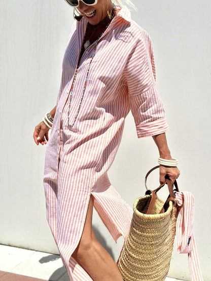 Women's Striped 3/4 Sleeve Button Front Shirt Dress Midi