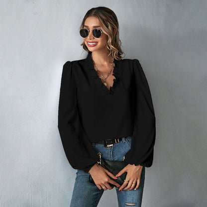 Ruffle V Neck Blouse Puff Sleeve Office Top