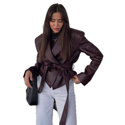 Belted Faux Leather Jacket Women Moto Blazer