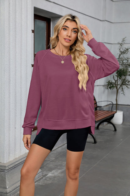 Women Oversized Crewneck Sweatshirt Long Sleeve Side Slit