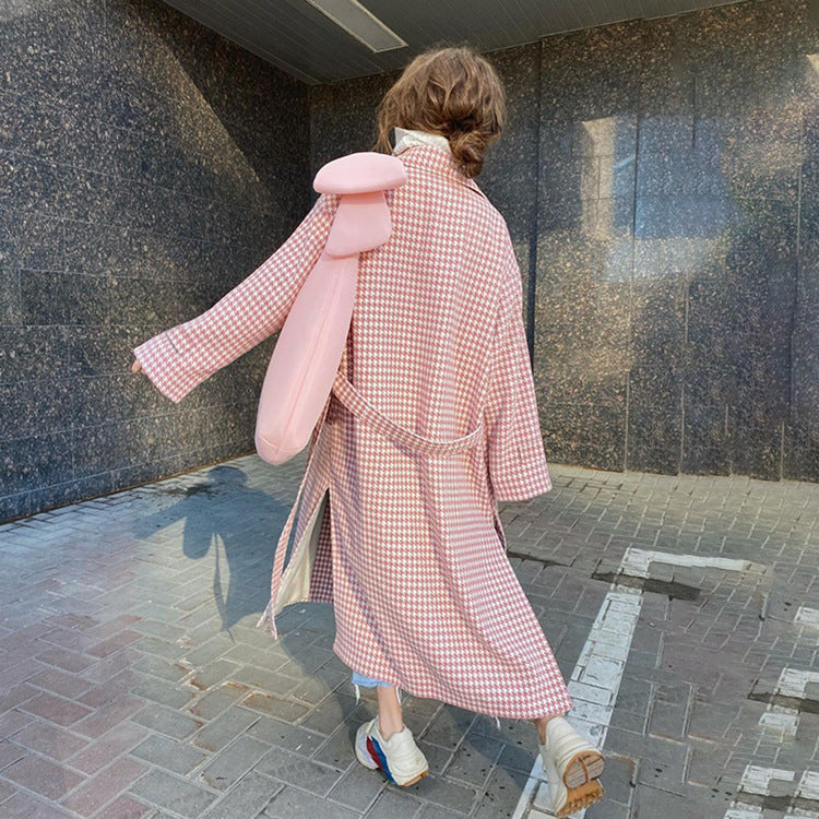 Women's Houndstooth Maxi Winter Coat Double Breasted Belted