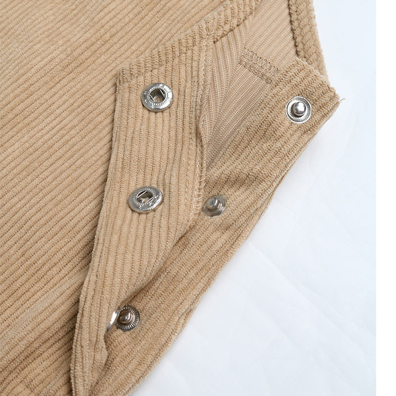 Women's Corduroy Overall Pinafore Khaki Dress with Pocket