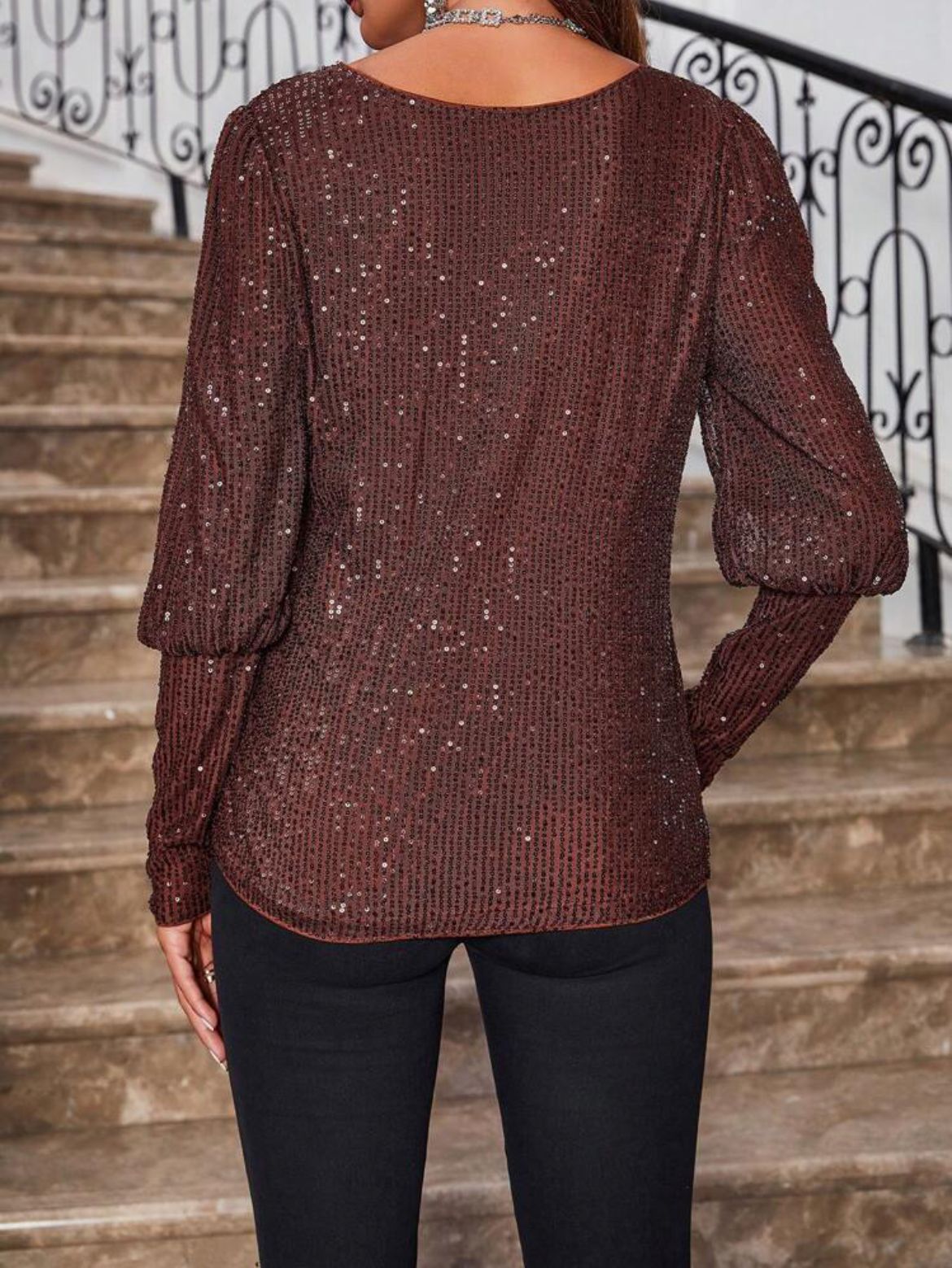 Women's Sequin Crew Neck Long Puff Sleeve Oversized Top