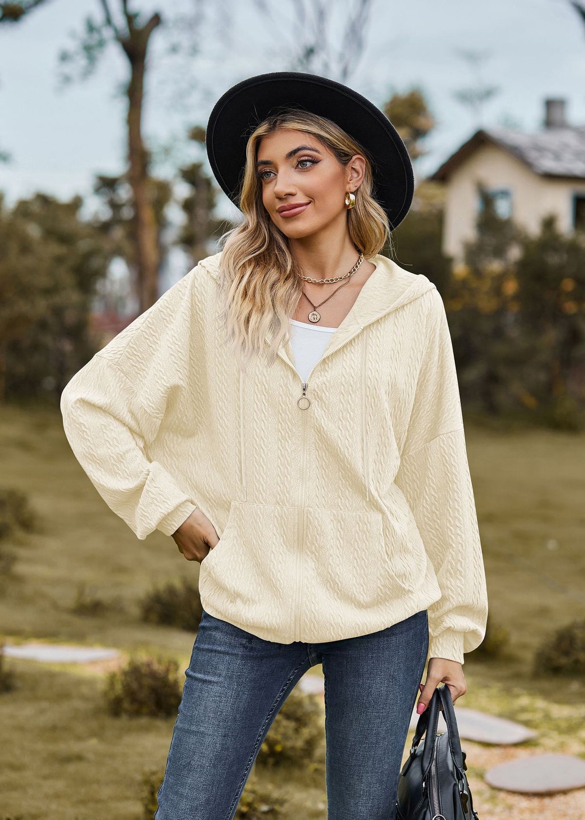 Oversized Textured Zip-Up Hoodie Jacket Pockets