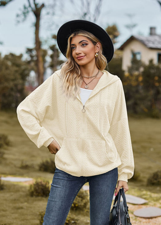 Oversized Textured Zip-Up Hoodie Jacket Pockets