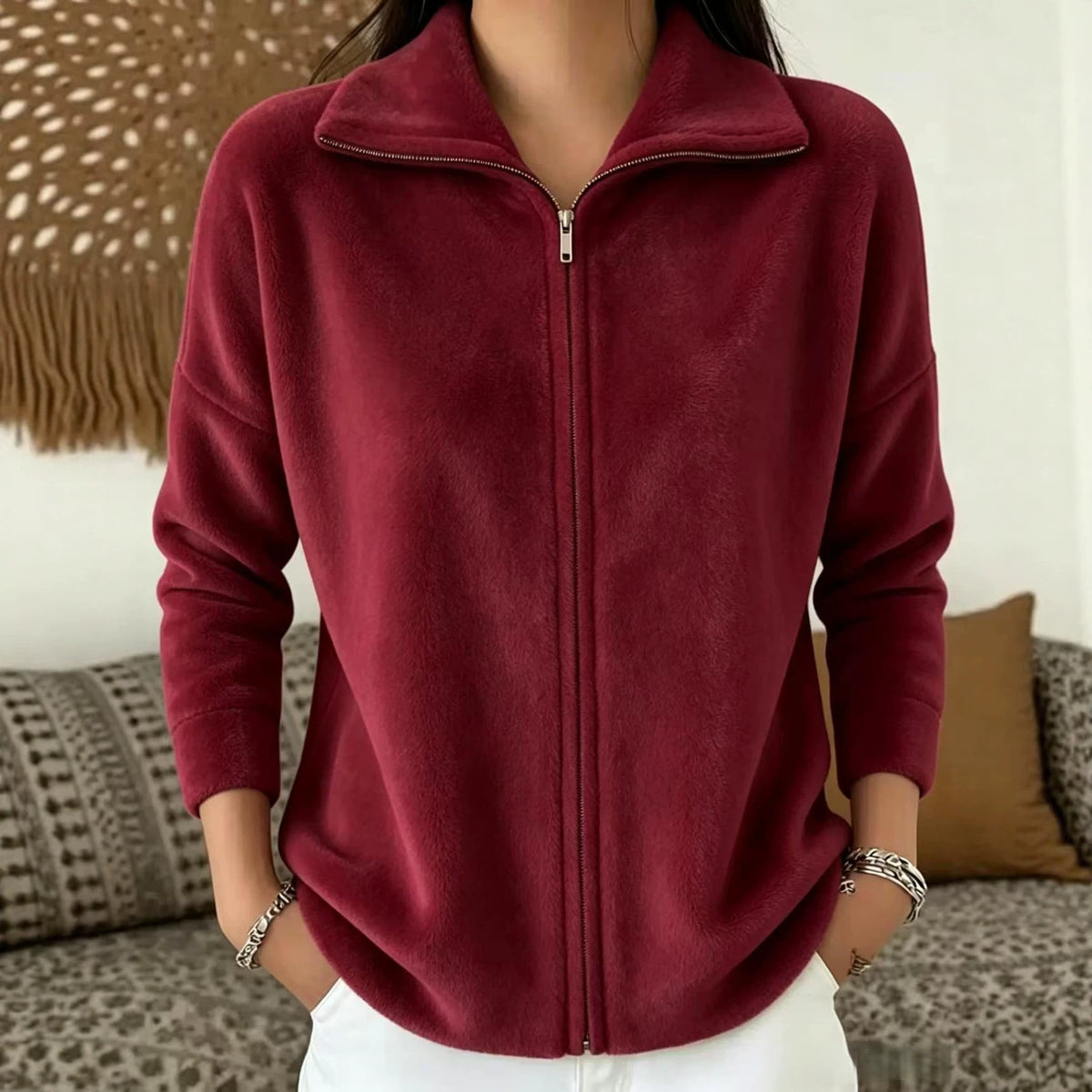 Women's Oversized Zip-Up Fleece Jacket Casual Collared