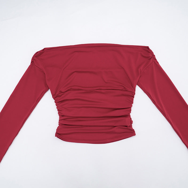 Women's Off Shoulder Ruched Long Sleeve Fitted Crop Top