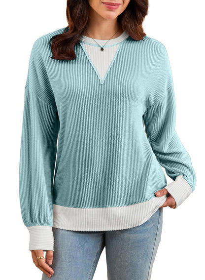 Colorblock Ribbed Sweatshirt Women Casual V Neck Pullover